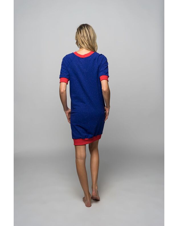 Sofa Killer mėlyna taškuota suknelė su raudonais rankogaliais